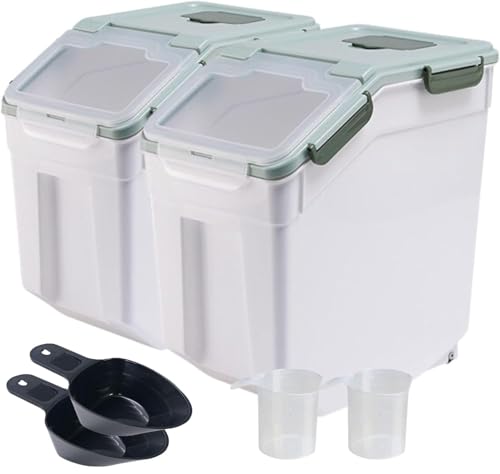 2 Pack Large Flour Storage Container 50 lb Airtight Rice Storage Container with Lid, Wheels, Measuring Cup, Scoop, Plastic Flour Sugar Bin Organizer for Grain Cereal, Rice Dispenser (Green) - color: Green
