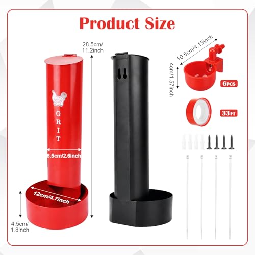 Chicken Oyster Shell Feeder and Grit Feeder and 6 Pcs Automatic Chicken Waterer Cup, Metal Hanging Poultry Feeders and Plastic Poultry Water Cup, Coop Accessories, Black+Red