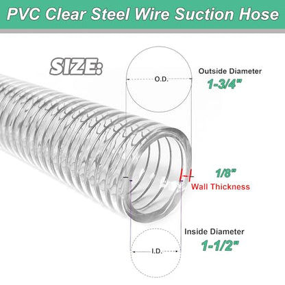 Wire Reinforced Hose 1-1/2" id - 10ft Clear High Pressure Suction Line Plastic Vinyl Tubing with Spiral Steel Wire Suction Hose, Drain Water Fuel Powder - size: 1-1/2"ID, style: 10 feet