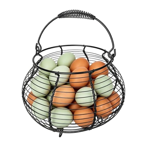 Egg Collection Basket, Sturdy Ergonomic Farmhouse Egg Basket, Vintage Woven Wire Eggs Holder, Vintage Woven Storage Stand with Handle, for Kitchen, Picnic, Garden, Harvest - color: Black
