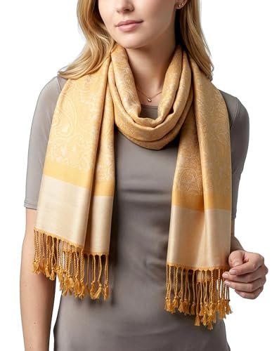 Achillea Two-Tone Vintage Paisley Pashmina Scarf – Lightweight Wrap & Shawl for Dresses, Weddings, Travel, All Seasons - color: Light Gold