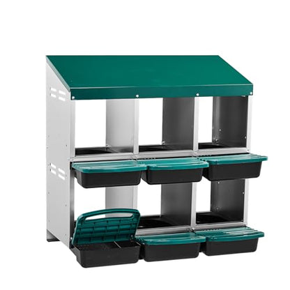 Chicken Nesting Box with 6 Compartments, Automatic Roll-Away Egg Collection, Wall Mount Hen Laying Box with Perch Removable Trays for Easy Cleaning Durable Galvanized Steel Nest Box for Backyard Green