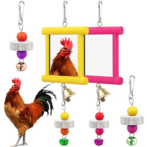 4 Pcs Chicken Toy Set, Colorful Acrylic Mirror with Wooden Frame, Hanging Bells, Beads, Beak Grinding Stone, Interactive Fun for Coop, Stimulates Pecking and Play