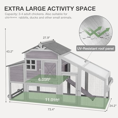 Chicken Coop with Wheels Wooden Outdoor Chicken House Easy Cleaning with Nesting Box, Deeper Leakproof Pull-Out Tray and UV Proof Panel Roof - Reinforced Version