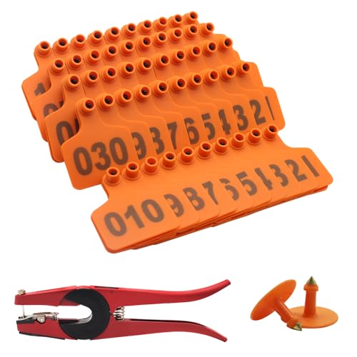 Cattle Ear Tags for Cows 001-100 Ear Tagger Installer Kit (Orange) - color: Orange