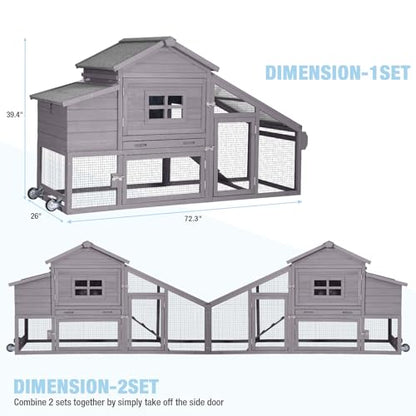 Mobile Chicken Coop with Wheels, Large Wooden Hen House with Run, Chicken Tractor with Waterproof Roof, Nesting Box & Pull-Out Tray, Outdoor Poultry Cage for Backyard Chickens/Rabbits (Grey) - color: Grey