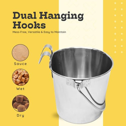 9 quart Stainless Steel Flat Sided Bucket with Dual Hooks | 2.25 gal Food & Water Bowl for XL Dog Goat Sheep Cattle Horse & Livestock | Fits kennel Crate Cages Farm | Hanging Utility Pail - size: 9 Quart