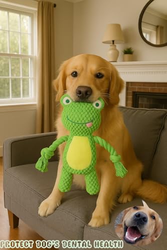 Cotton Rope Squeaky Dog Toy with Crinkle Paper – Interactive Plush Chew Toy for Small & Medium Puppies, Frog Design - color: Green