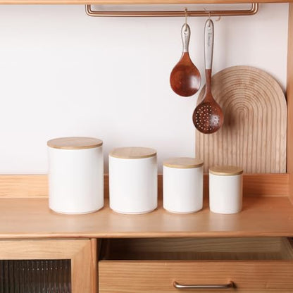 Sweejar Kitchen Canisters Ceramic Food Storage Jar Set, Stackable Containers with Airtight Seal Wooden Lid for Serving Ground Coffee, Tea, Herbs, Grains, Sugar, Salt - Set of 4 (White) - color: White, style: Set of 4(Updated Version)