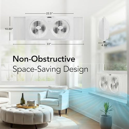 Comfort Zone 9-Inch 3-Speed Reversible Twin Window Fan – Dual Blade Window Exhaust Fan with Auto-Locking Expanders, 22.25" to 33" Wide – Tabletop Feet & Removable Bug Screen included - color: White, size: 9 inch (3-Speed)