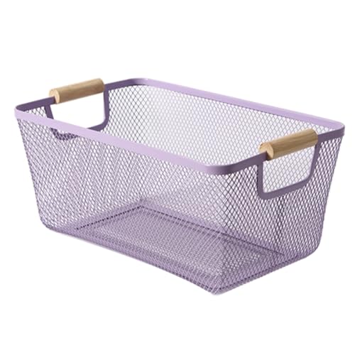 AJIODA Metal Mesh Steel Basket, Medium Wire Storage Organizer Basket Multi-function Hanging Kitchen Basket with Wood Handle for Kitchen Bathroom Picnic Home, Rectangle-Purple - color: Purple, size: 1Pack-Medium