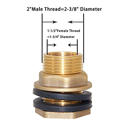 Joywayus 1-1/2" Female 2" Male Soild Brass Water Tank Connector Bulkhead Tank Fitting With 2 Rubber Ring Stablizing - size: 1-1/2" Female - 2" Male