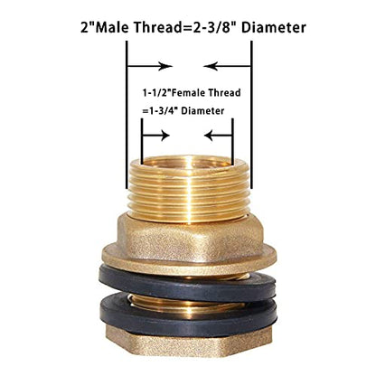 Joywayus 1-1/2" Female 2" Male Soild Brass Water Tank Connector Bulkhead Tank Fitting With 2 Rubber Ring Stablizing - size: 1-1/2" Female - 2" Male