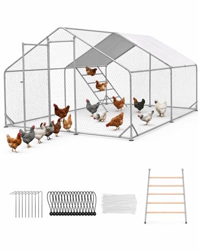 13' x 10' Walk-in Metal Chicken Coop for 20-25 Chickens, Heavy Duty Poultry Cage with Elevated Roosting Perch & Waterproof Cover, Thickened Steel Frame Outdoor Backyard Run Pen (130 Sq.Ft) - size: 158.0"L x 117.6"W x 80.6"H