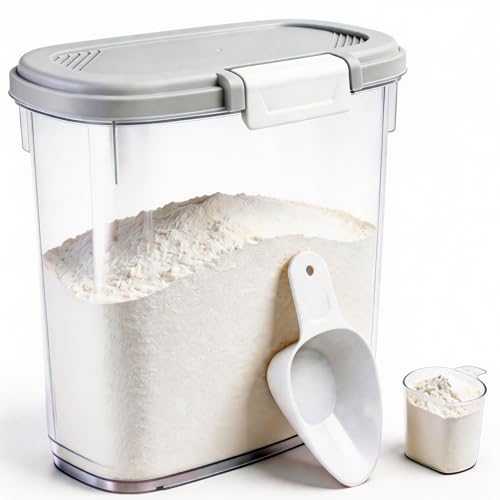 Gray White Rice Storage Container 15-20 Lbs, Tall Flour Container with Scoop + Cup - Slim Dry Food Storage Bin for Cereal, Sugar, Beans, Pet, Dog, Cat Food - Kitchen and Pantry Storage Organization - color: Gray White