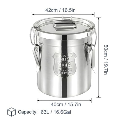 304 Stainless Steel Airtight Storage Bucket with Lid, Food Grade Sealed Canister for Kitchen, Rice, Flour, Grain, Pet Food, Waterproof Camping Storage Container(63L/16.6Gal) - size: 63L/16.6Gal