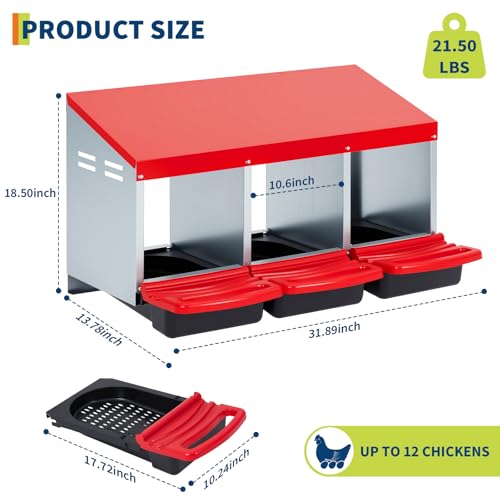 Chicken Nesting Box, 3 Compartments Metal Roll Away Nest Box with Lid for Chicken Coop,Wall Mounted/Stand Use