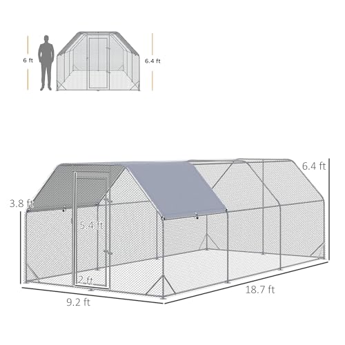 PawHut Large Chicken Coop Metal Chicken Run with Waterproof and Anti-UV Cover, Flat Shaped Walk in Fence Cage Hen House for Outdoor and Yard Farm Use, 1" Tube Diameter, 9.2' x 18.7' x 6.4' - size: 9.2' x 18.7' x 6.4'