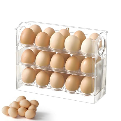 Egg Holder for Fridge, Holds 30 Eggs, 3-Tier Stackable Egg Organizer for Refrigerator with Date Tracker & One-Hand Access, BPA-Free PET Egg Storage Container for Countertop or Fridge, Clear