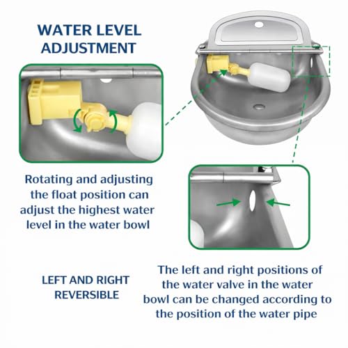 Automatic Animal Drinking Water Bowl with Float Valve, 304 Stainless Steel Auto-Filling Waterer Kit with Bowl, Pipe, 2 Valves, Quick Connect Adapter, Mounting Bolts for Livestock, Farm, Pet Use
