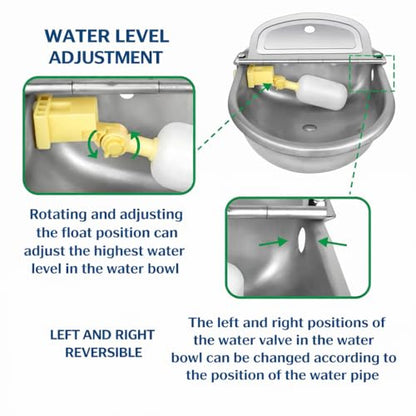 Automatic Animal Drinking Water Bowl with Float Valve, 304 Stainless Steel Auto-Filling Waterer Kit with Bowl, Pipe, 2 Valves, Quick Connect Adapter, Mounting Bolts for Livestock, Farm, Pet Use