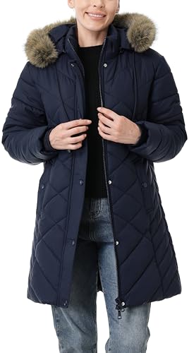 Women's Long Warm Winter Coat Windproof Thickened Fleece Lined Down Jacket Waterproof Puffer Outerwear with Removable Hood - color: Navy, size: Small