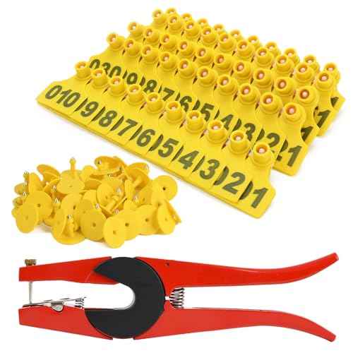 Pig Ear Tags 001-100 Number Plastic Livestock Tag with Punch Applicator Plier Tools for Farm Sheep Goat Deer Ear, 100pcs Yellow