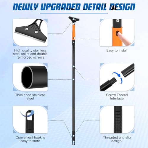 Heavy Duty Floor Scraper with Long Handle,4 Inch Razor Blade Scraper Tool | Cleaning Popcorn Ceiling Wall Glass Windows Gum Paint Tile Glue Linoleum|45.7IN Handle|10PCS Extra Metal Blades|Orange