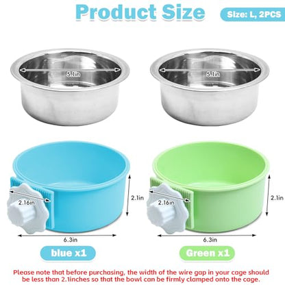 kathson Crate Dog Bowl 2pcs, Removable Stainless Steel Hanging Pet Kennel Cage Bowl Food & Water Feeder Coop Cup for Puppy, Cat, Rabbit, Guinea Pigs (2 PCS, Size: L, Blue and Green) - color: Size: L (Blue, Green), size: 2 PCS