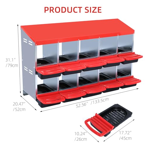Chicken Nesting Boxes,10 Hole Metal Roll Away Eggs Laying Boxes with Ventilation Holes，Rustproof Plastic Tray & Keyhole Mounting, Cleanable Pull Out Nest Box for Hen & Duck, Red - color: Red, size: 10 holes