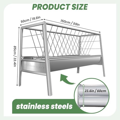 98 Gallon Large Capacity Pasture Goat Feeder, 2 in 1 Stainless Steel Hay Feeder for Goats Sheep Horse, Easy Assembly Detachable Farm Outdoor Livestock Feeder (Stainless Steel) - style: Stainless Steel