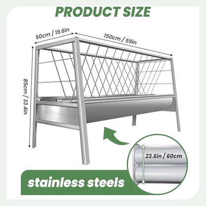 98 Gallon Large Capacity Pasture Goat Feeder, 2 in 1 Stainless Steel Hay Feeder for Goats Sheep Horse, Easy Assembly Detachable Farm Outdoor Livestock Feeder (Stainless Steel) - style: Stainless Steel