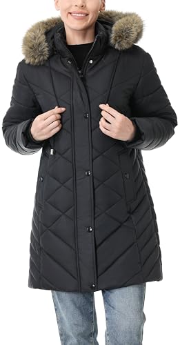 Women's Long Warm Winter Coat Windproof Thickened Fleece Lined Down Jacket Waterproof Puffer Outerwear with Removable Hood - color: Black, size: Medium