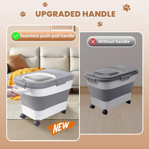 15-23 Lbs Airtight Dog Food Storage Container,Collapsible Dog Food Container with Lid,Wheels,Handle,Large Cat food storage Container with Scoop,Small Food Container for Dog Cat - color: Grey/23 LBS