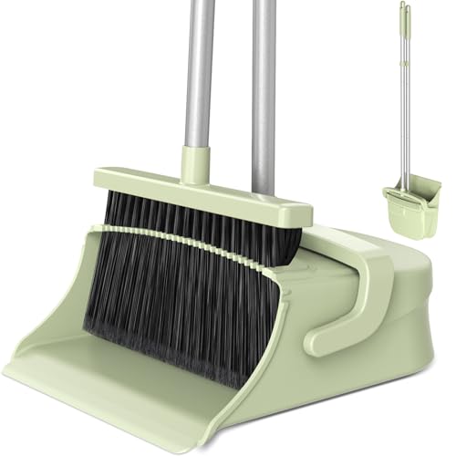 Broom with Dustpan Combo Set, Long Handle Upright Standing Self-Cleaning Broom and Dustpan Set for Pet Hair & Dust Cleanup, Indoor Outdoor Use for Home, Kitchen, Office, Green - color: Green