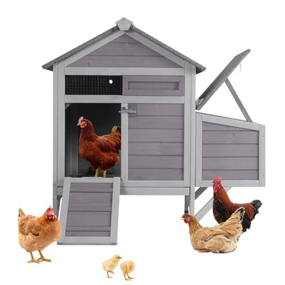 Small Chicken Coop with 2 Nesting Boxes, Wooden Hen House for 1-2 Chickens, Waterproof Asphalt Roof Poultry Hutch with Wildlife-Proof Latches, Roosting Bar and 4 Ground-Clearing Legs - color: Grey