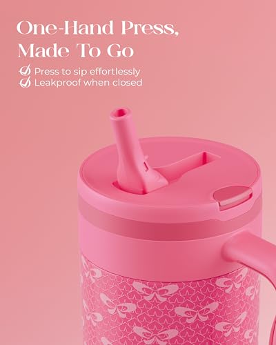 40 oz Insulated Tumbler with Handle and Push-Button Straw Lid, Stainless Steel Travel Cup for Gym Office, Leakproof, BPA-Free, Cup Holder Friendly, Bow Silicone Boot, Pink (Coquette Fuchsia) - color: Coquette Fuchsia