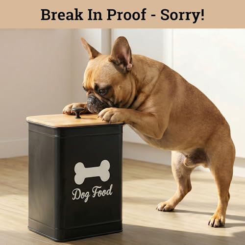 Dog Food Container Airtight Bamboo Lid 5-7 lb, 25 Cups, Sturdy Metal Handle | Pet Jar For Dogs up to 50lbs, Airtight Bamboo Lid, Sturdy Comfortable Metal Handle, Powder Coated Iron, Kibble Storage Bin - color: Black