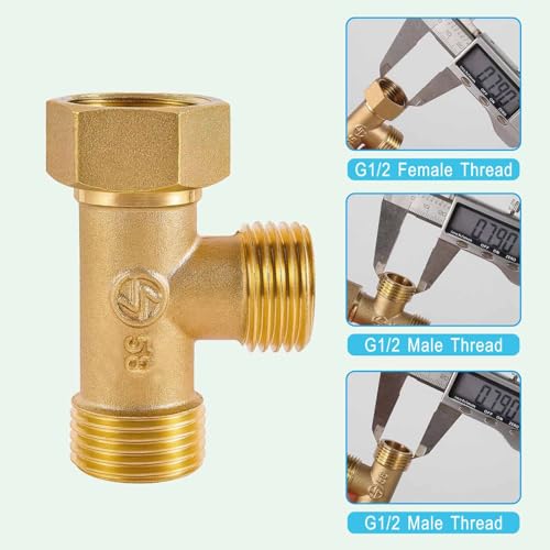 1/2" Brass Tee, Brass 3-Way Shower Diverter Valve, 1/2" Male x 1/2" Male x 1/2" Female Tee, 1/2" Tee for Shower Arm, Angle Valve, Bidet, and Sprayer Hose Applications - size: 1/2BT
