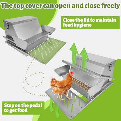 Automatic Metal Treadle Feeder 26lbs Capacity No Waste Automatic Chicken Feeder Galvanized Steel Large Metal Poultry Feeder Outdoor Coop Food Dispenser with Rain Cover