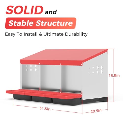 Heavy Duty Galvanized Steel Chicken Nesting Box – 3 Holes, Roll Away Egg Laying, Protective Lid, Wall Mounted, Easy Clean, Vented Pegboard Side, Red (Pegboard Side) - color: Red, size: 3 Room&Mat Board