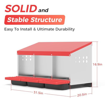 Heavy Duty Galvanized Steel Chicken Nesting Box – 3 Holes, Roll Away Egg Laying, Protective Lid, Wall Mounted, Easy Clean, Vented Pegboard Side, Red (Pegboard Side) - color: Red, size: 3 Room&Mat Board
