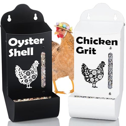 CluckRoots Chicken Grit and Oyster Shell Feeder Combo, No-Spill Weatherproof Heavy-Duty Design, Lift-Off Wall-Mounted Metal Dispenser w/View Window, Chicken Coop Accessories Gifts for Lovers Women - color: Combo-Black/White
