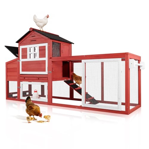 Portable Chicken Coop with Wheels Poultry Cage, Wooden Chicken Coop for 4-6 Chickens, Nesting Box, Pull-Out Tray, Ventilated Windows, Asphalt Weatherproof Roof, 81.5" Lx25.6 Wx44.1 H, Red - color: Red