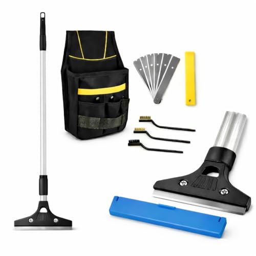KATARY Razor Blade Floor Scraper, Wall Tile Scraper Tool with Razor Blade with Tool Bag and 3-Piece Cleaning Brush Set - Grout, Concrete and Glue Remover Kit