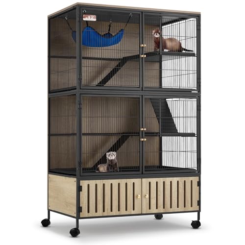 Fragess Metal Large Guinea Pig Cages 5 Levels, 60" H Rolling Ferret Cage with Removable Ramps & Double Door, Cage with Locker, Squirrel Cage Christmas Decoration Pet Crate Furniture - color: GREY WALNUT, size: 36.5"L x 23.0"W x 60.0"H