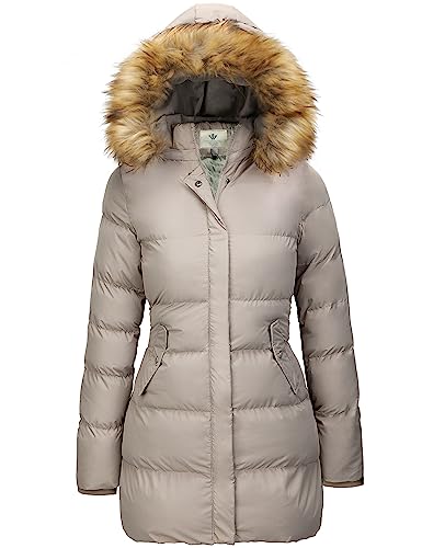 WenVen Women's Winter Thicken Puffer Coat Warm Jacket with Faux Fur Removable Hood - color: Khaki, size: Small