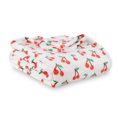 Berkshire Blanket-Classic Heavyweight Warm Soft Printed VelvetLoft® Plush Blanket, King Size Soft Fuzzy Blanket for Couch Sofa Bed, Cherries Toss White, 90in x 108in - color: Cherries Toss White, size: King/Cal King