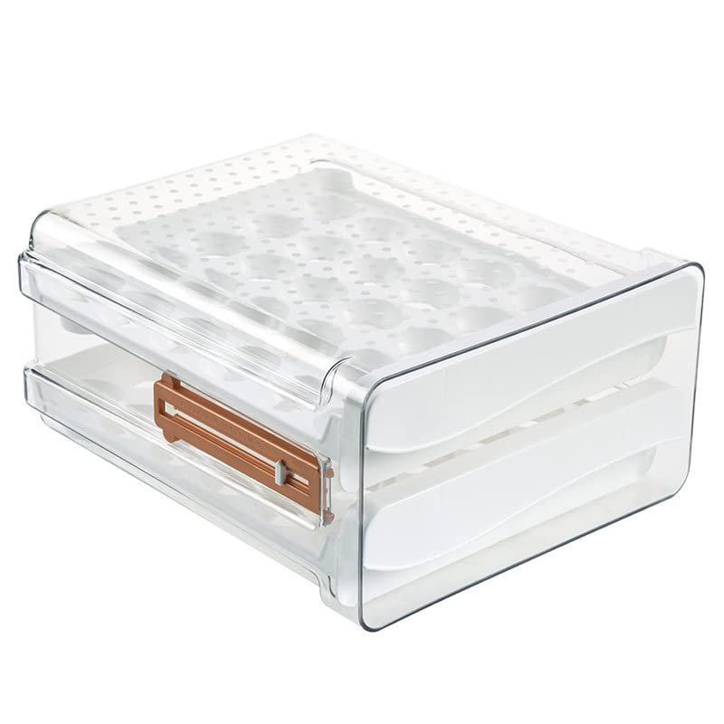 Sooyee 60 Capacity Egg Container for Refrigerator, Household Egg Holder with Time Memory, Transparent 2 Drawers Chicken Egg Storage Container, White - size: 60 Capacity