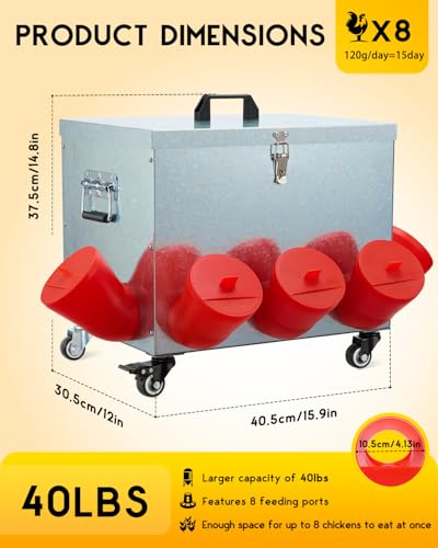 Magicfly 40 lbs Chicken Feeder No Waste, Large Metal Automatic Chicken Feeder Box, 8 Bell-Mouth Feeding Port, with Handle and Wheels, Rat Proof Chick Feeder for Chickens, Ducks & Geese - size: 40 lb